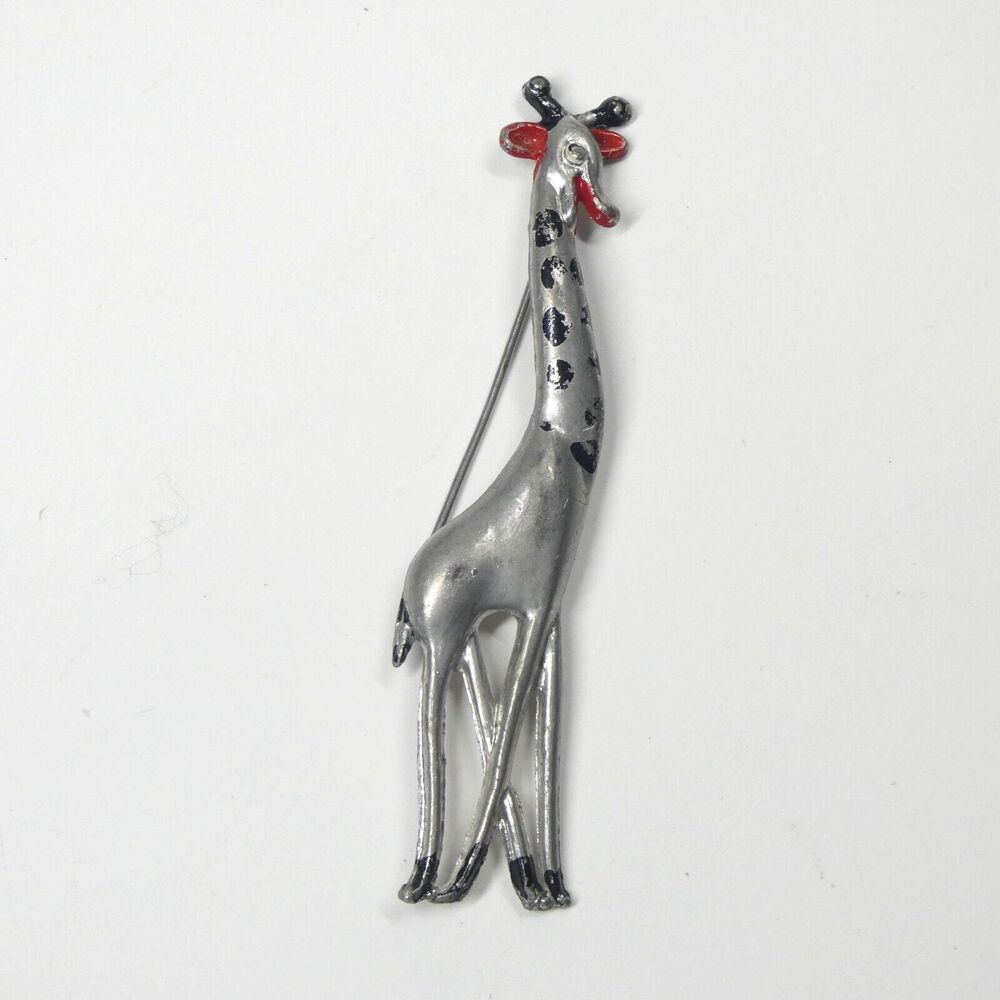 Enameled Metal Giraffe Brooch 4" Tall Pin Vintage